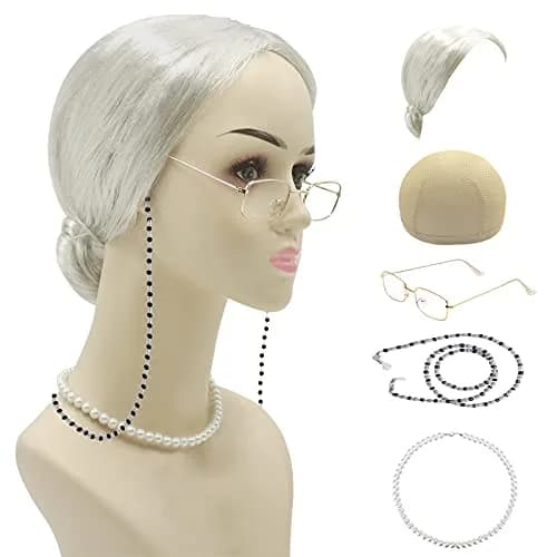 Cupohus Old Lady Costume Set Grandma Wig Granny Wig Cap Madea Granny Glasses Eyeglass Chains Cords Faux Pearl Bead Necklace (silver white bun) | Cosplay Costume thumbnail 2