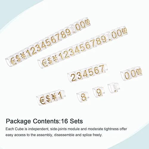MECCANIXITY Adjustable Removable Mini Cube Price Tag Display Number Letter Price Label Stand Block Kit Gold on Clear (16 Sets) thumbnail 2