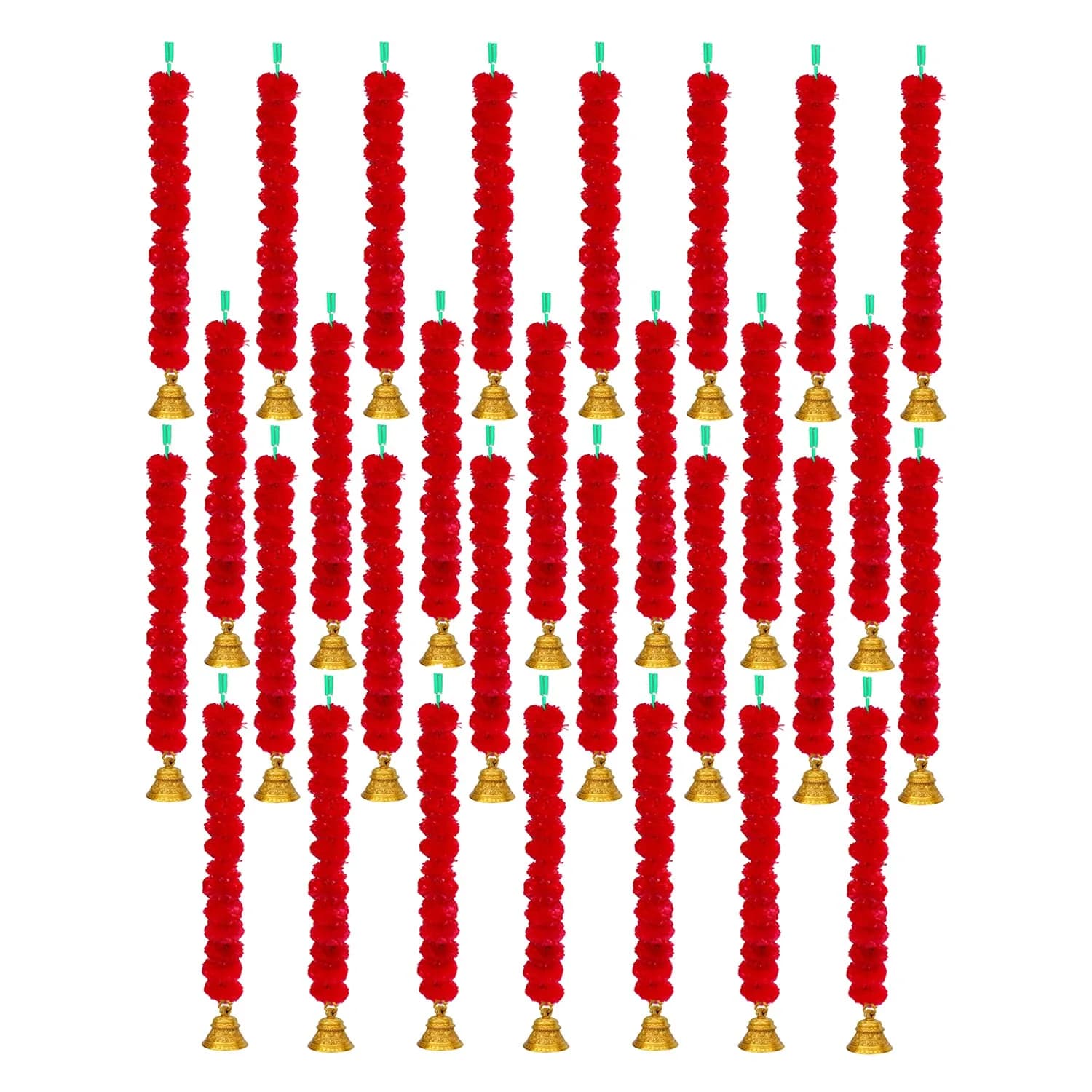 iHandikart Handmade Decorative Marigold Fluffy Garland with Bell 75cm (2.5 ft) Red | Pack of 30 — Red