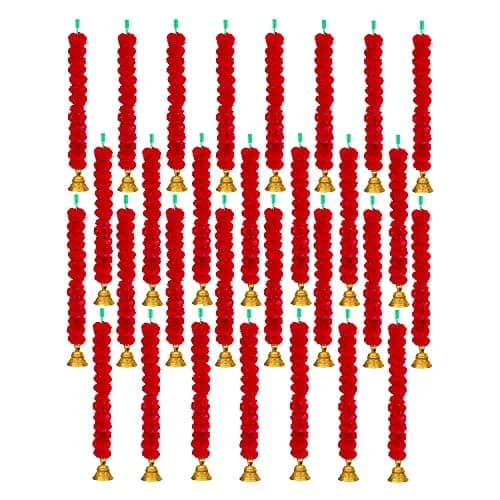 iHandikart Handmade Decorative Marigold Fluffy Garland with Bell 75cm (2.5 ft) Red | Pack of 30 thumbnail 1