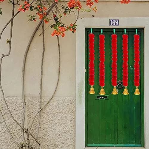 iHandikart Handmade Decorative Marigold Fluffy Garland with Bell 75cm (2.5 ft) Red | Pack of 30 thumbnail 2