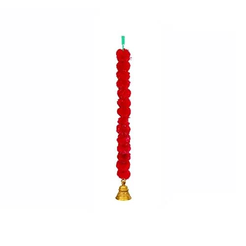 iHandikart Handmade Decorative Marigold Fluffy Garland with Bell 75cm (2.5 ft) Red | Pack of 30 thumbnail 3