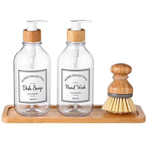 Zopeal Transparent Soap Dispenser Set with Bamboo Tray & Brush | 500ml (16 oz) Refillable Countertop Dispensers (2-Pack) thumbnail 1