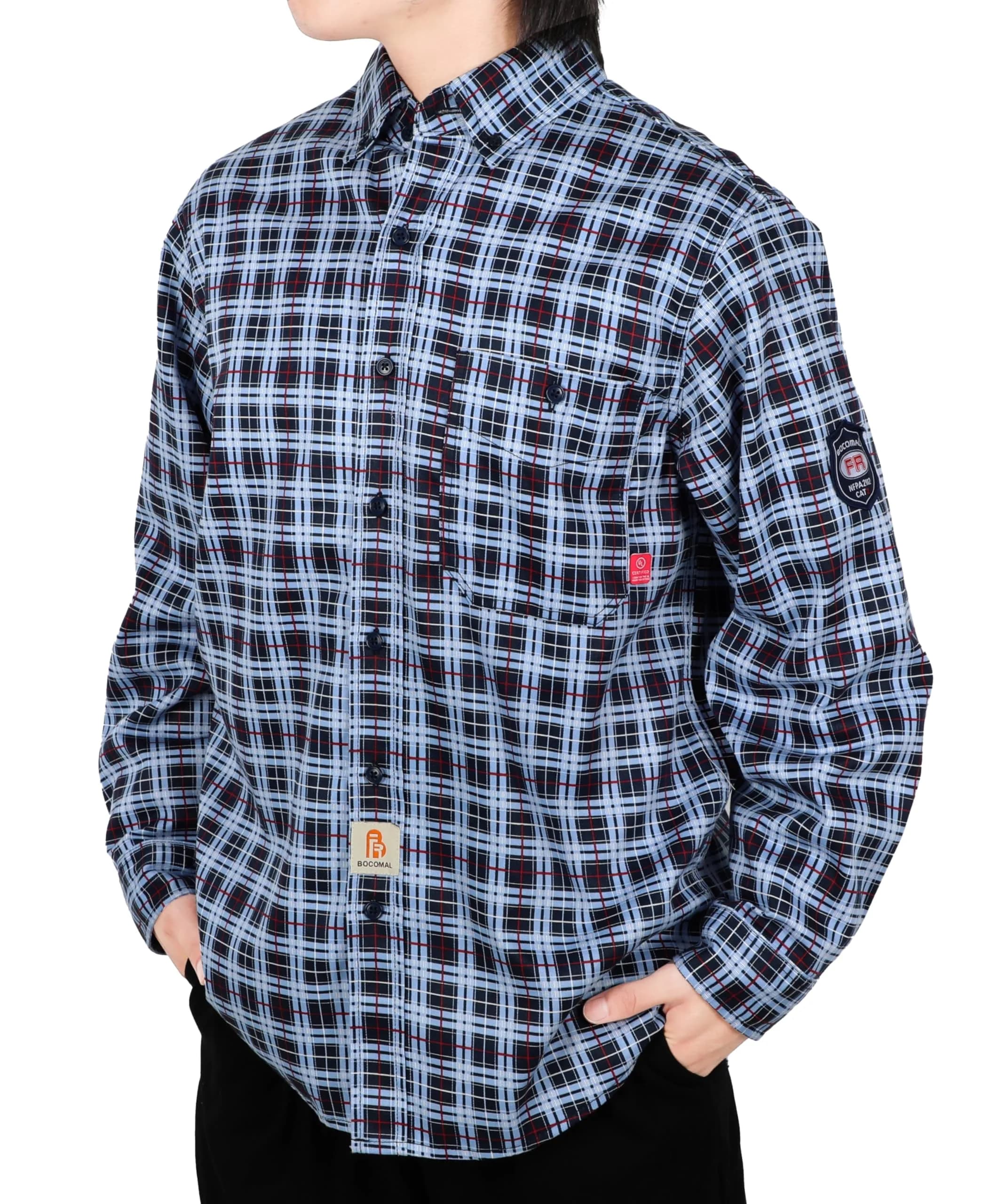 BOCOMAL Men's FR Shirts Printed Plaid Button Up 6.5oz Lightweight Workwear | NFPA 70E & NFPA 2112 Certified — Buttons-blueberry