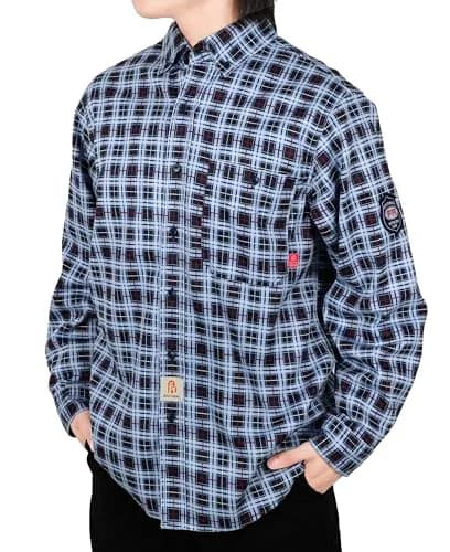BOCOMAL Men's FR Shirts Printed Plaid Button Up 6.5oz Lightweight Workwear | NFPA 70E & NFPA 2112 Certified thumbnail 1