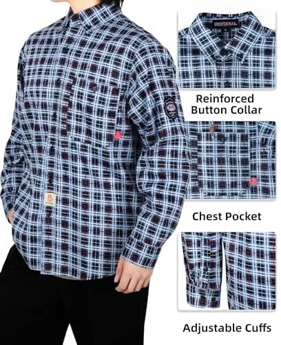 BOCOMAL Men's FR Shirts Printed Plaid Button Up 6.5oz Lightweight Workwear | NFPA 70E & NFPA 2112 Certified thumbnail 5
