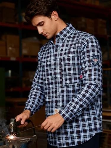 BOCOMAL Men's FR Shirts Printed Plaid Button Up 6.5oz Lightweight Workwear | NFPA 70E & NFPA 2112 Certified thumbnail 2