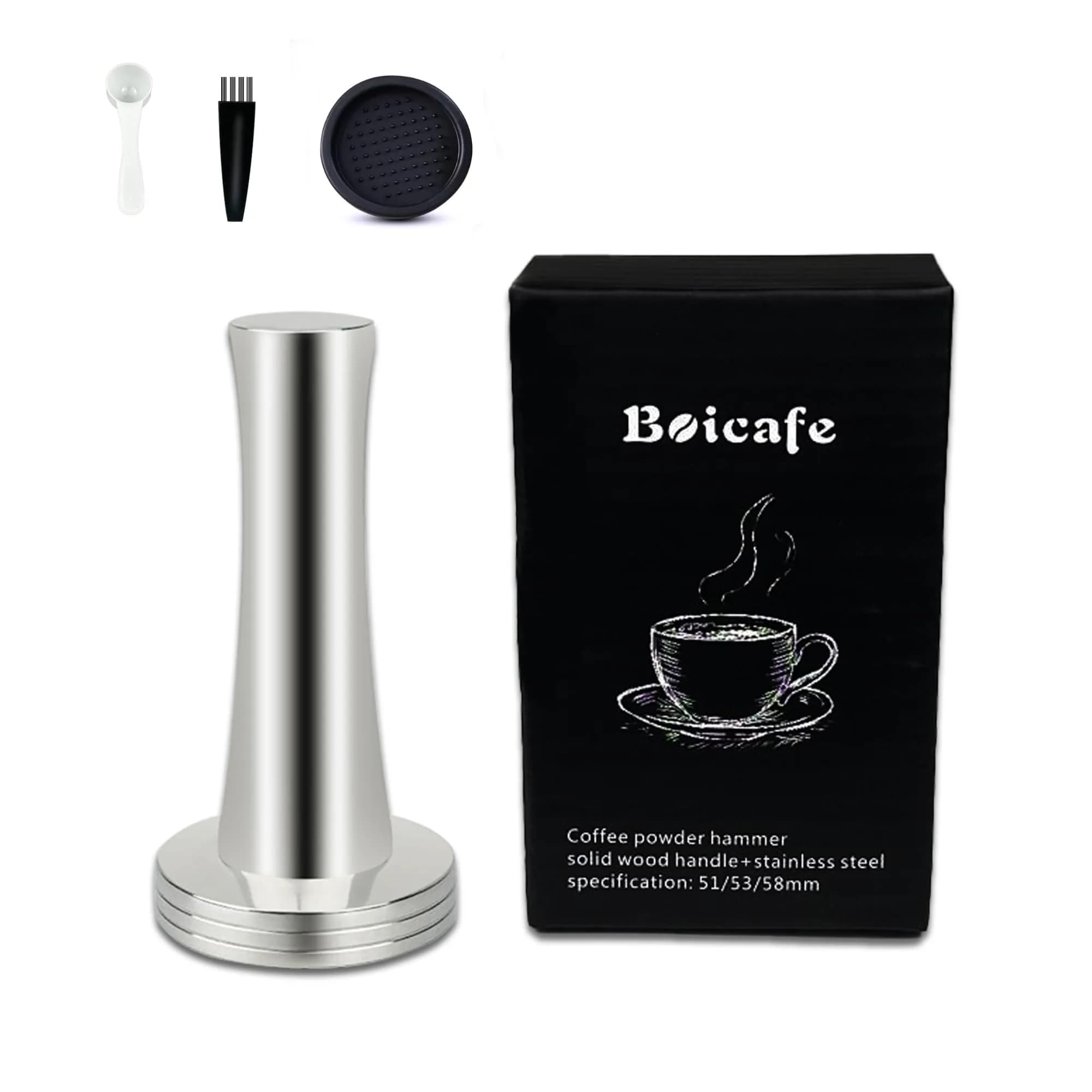 Boicafe 39mm Coffee Tamper with Mat & Brush - 304 Stainless Steel Base, Heavy Duty Espresso Presser (Silver) — 39mm