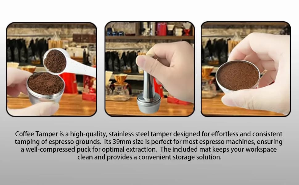 Boicafe 39mm Coffee Tamper with Mat & Brush - 304 Stainless Steel Base, Heavy Duty Espresso Presser (Silver) thumbnail 8