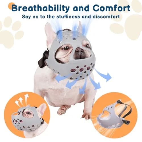 BARKLESS Frenchie Muzzle for Short Snout Dogs, Size S (13"-14.5") Head Circumference | Breathable & Drinkable Grey Muzzle for Biting, Chewing, Licking thumbnail 4
