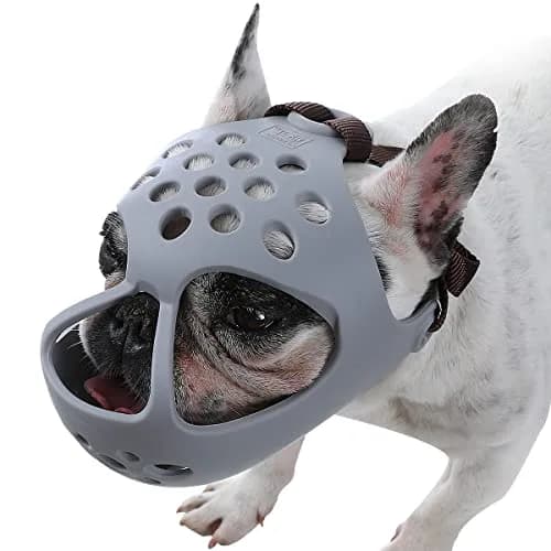 BARKLESS Frenchie Muzzle for Short Snout Dogs, Size S (13"-14.5") Head Circumference | Breathable & Drinkable Grey Muzzle for Biting, Chewing, Licking thumbnail 1