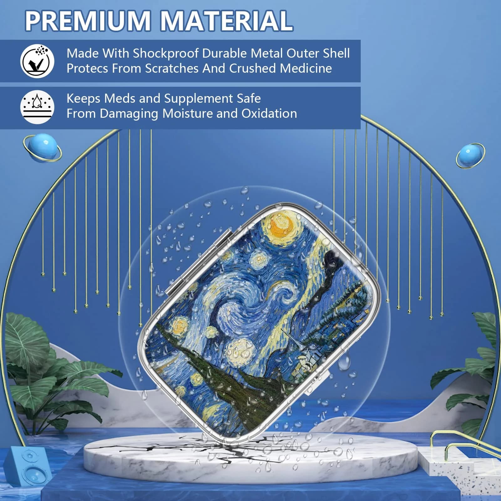 Hion Portable Pill Box 2 Compartment Metal with Plastic Divider | Van Gogh Starry Night Design - view 2