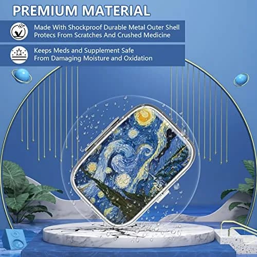 Hion Portable Pill Box 2 Compartment Metal with Plastic Divider | Van Gogh Starry Night Design thumbnail 2