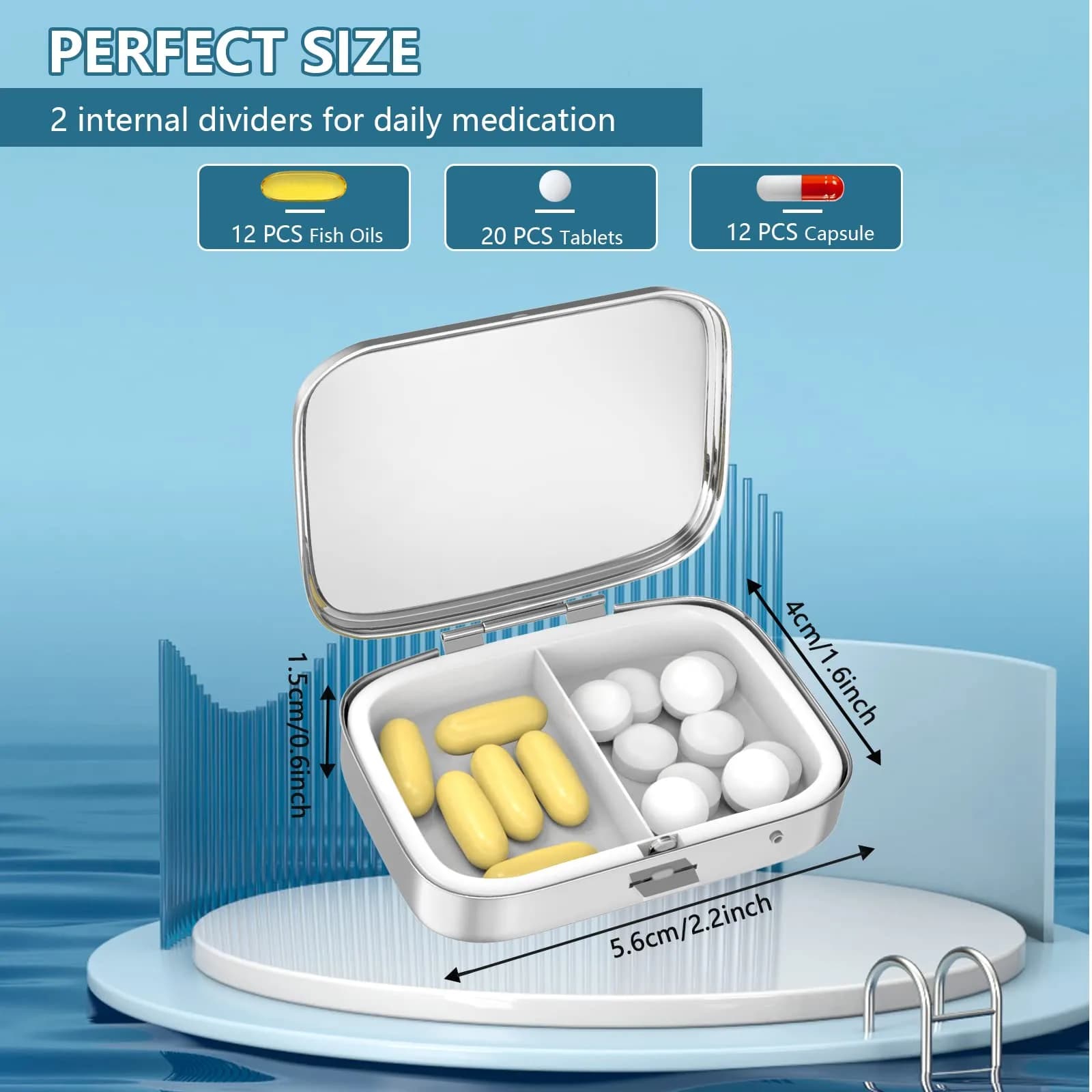 Hion 7-Mountain 2 Compartment Pill Box 5.5cm (2.2") | FDA Approved Metal Organizer for Daily Vitamins - view 3