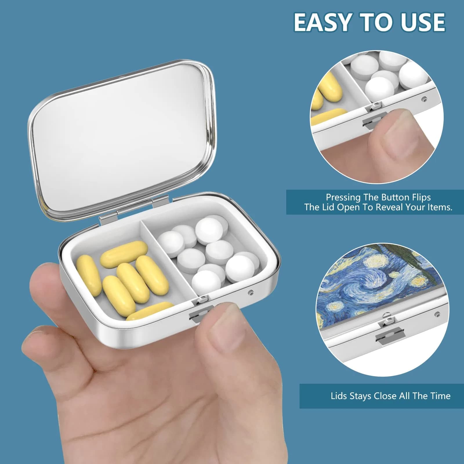 Hion 7-Mountain 2 Compartment Pill Box 5.5cm (2.2") | FDA Approved Metal Organizer for Daily Vitamins - view 4