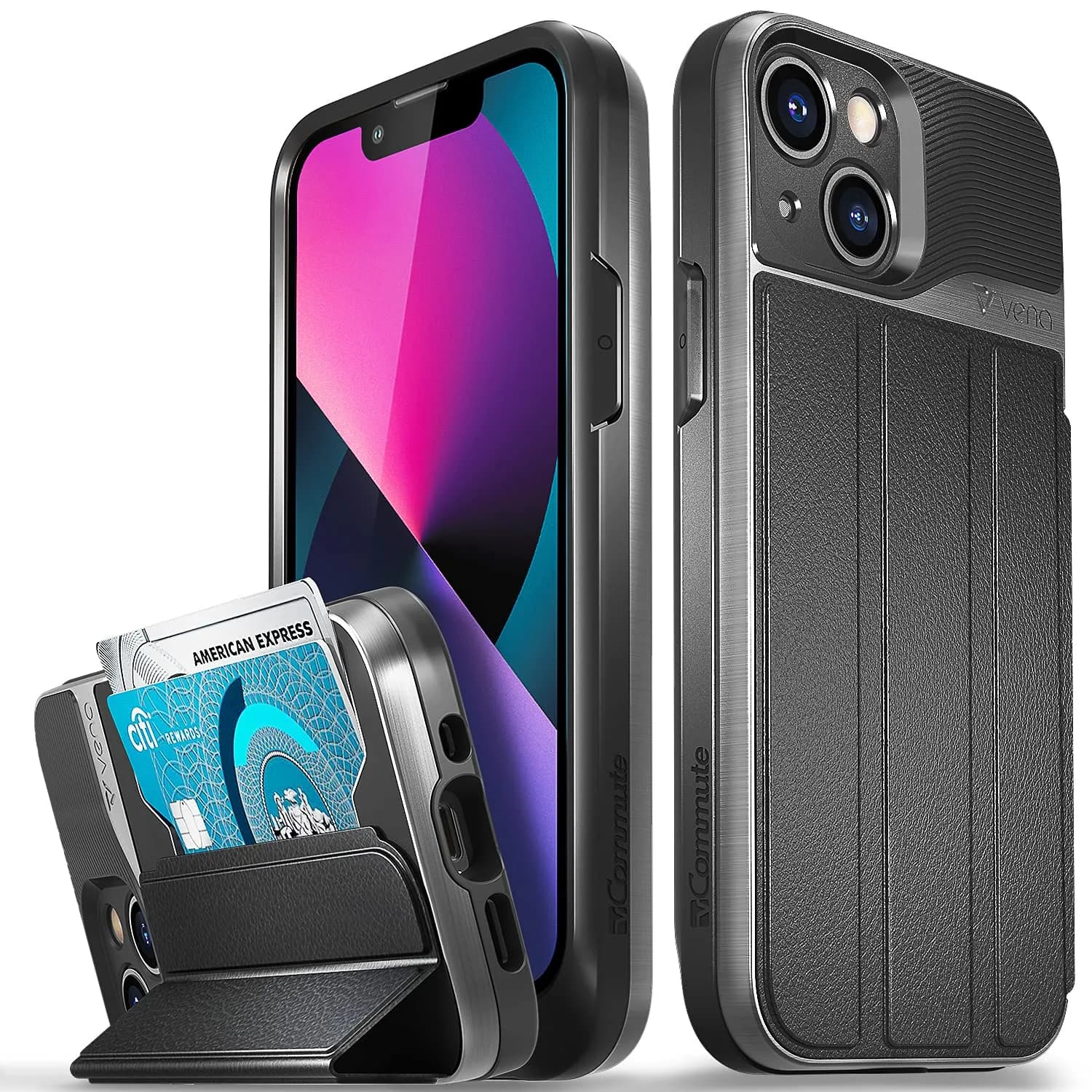 VENA vCommute Wallet Case for iPhone 13 Mini, Black | Military Drop Protection & Magnetic Stand — Black