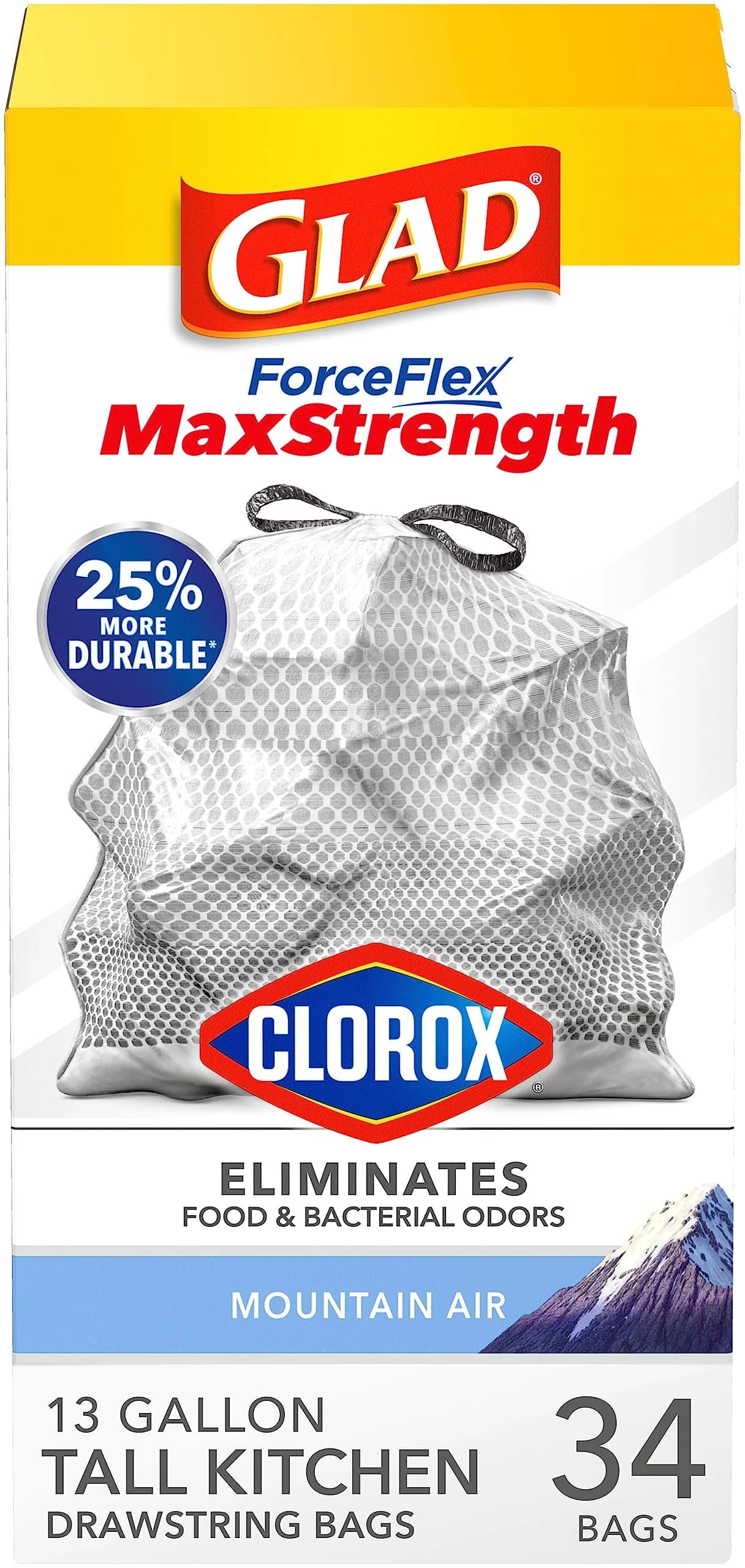 Glad ForceFlex MaxStrength Tall Kitchen Trash Bags 13 Gal 34 Count | Odor Control & Leak Protection