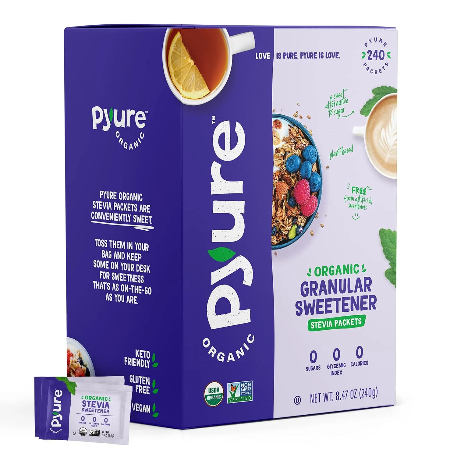 Pyure Organic Stevia Packets 240 Count | Zero Calorie Sugar Substitute for Coffee, Baking & Travel — Multicolor