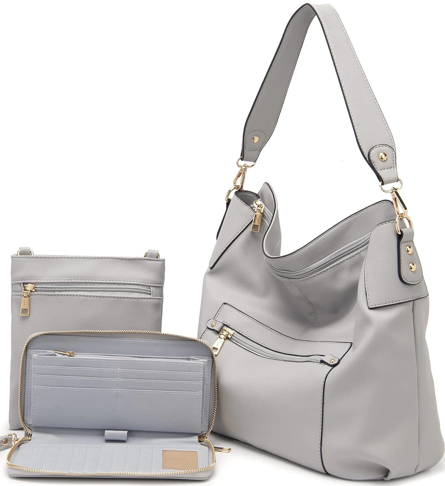 Idesort Large Hobo Purse and Wallet Set for Women — Grey, 3-Piece Set | Water & Fade Resistant Synthetic Leather