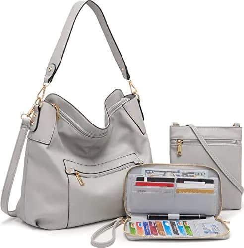 Idesort Large Hobo Purse and Wallet Set for Women — Grey, 3-Piece Set | Water & Fade Resistant Synthetic Leather thumbnail 7