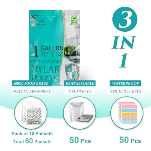 SHXWELL 1 Gallon Mylar Bags with Oxygen Absorbers & Labels, 10 Mil 10"x14" Zipper Pouches, 50 Count | Food-Grade, Puncture-Resistant, Long-Term Storage thumbnail 2