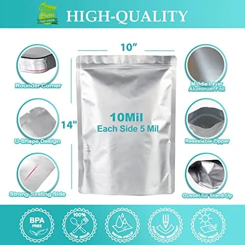 SHXWELL 1 Gallon Mylar Bags with Oxygen Absorbers & Labels, 10 Mil 10"x14" Zipper Pouches, 50 Count | Food-Grade, Puncture-Resistant, Long-Term Storage thumbnail 3