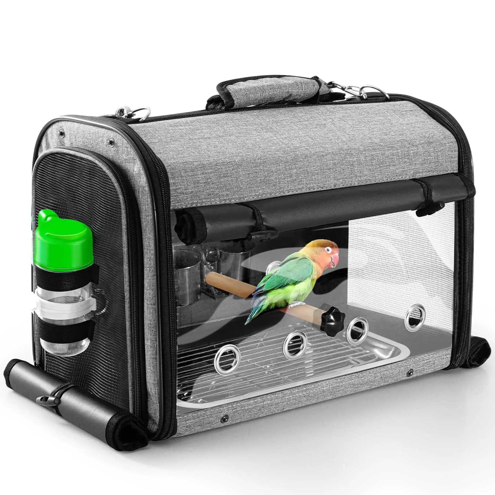 Suertree Bird Carrier Backpack with Stand 44.7cm (17.6") | Lightweight Portable Cockatiel Travel Cage with Accessories — Grey