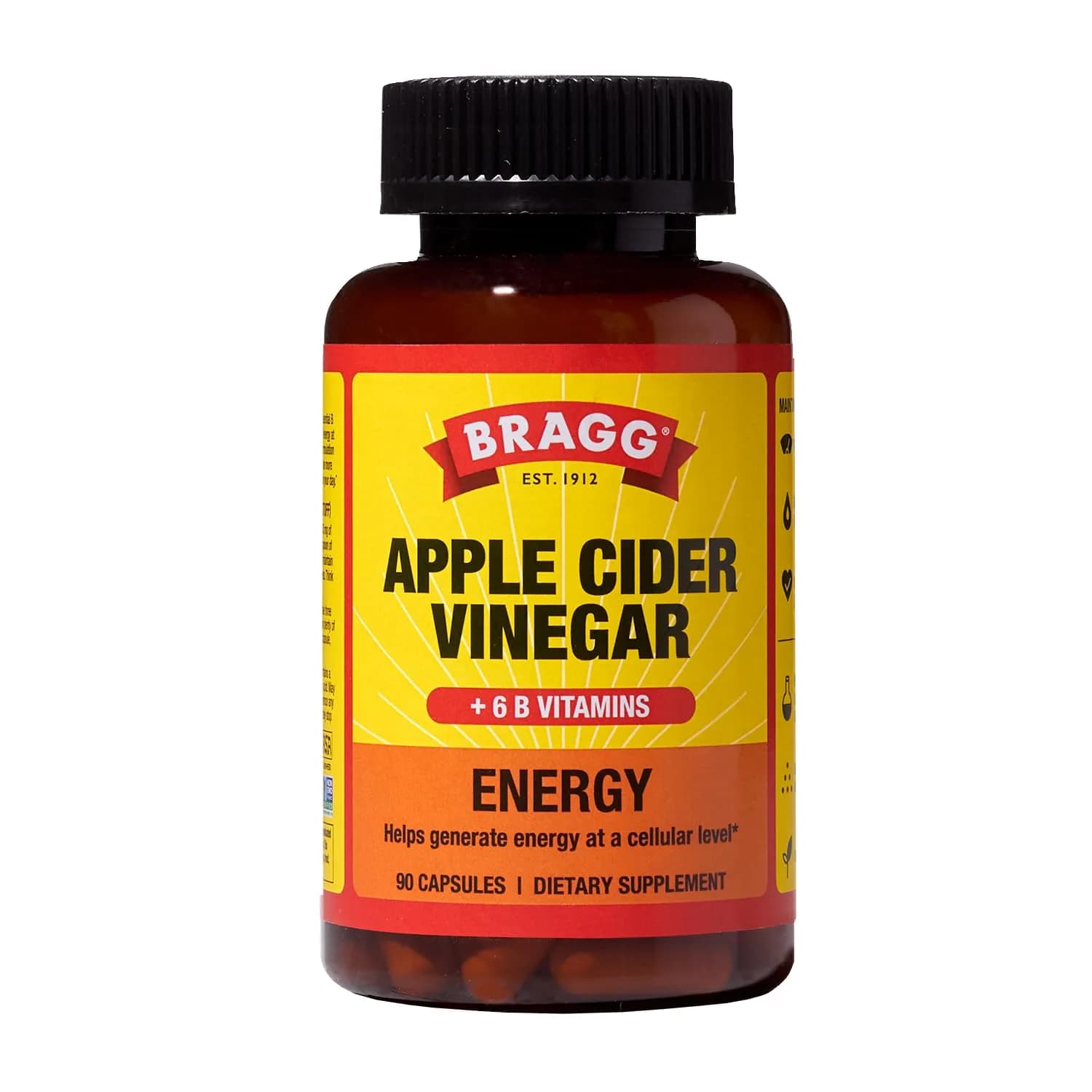 Bragg Energy Apple Cider Vinegar Capsules with B Vitamins - 90 Count (Pack of 1) | Cellular Energy Production - main product image