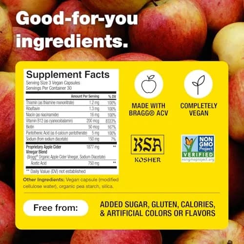 Bragg Energy Apple Cider Vinegar Capsules with B Vitamins - 90 Count (Pack of 1) | Cellular Energy Production thumbnail 4