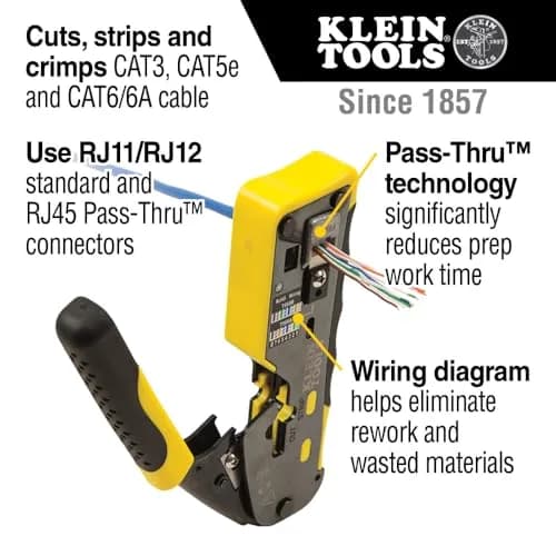 Klein Tools Ratcheting Data Cable and RJ45 Crimp Tool with CAT6 Plug 50-Pack | Pass Thru Installation Tool Kit thumbnail 2