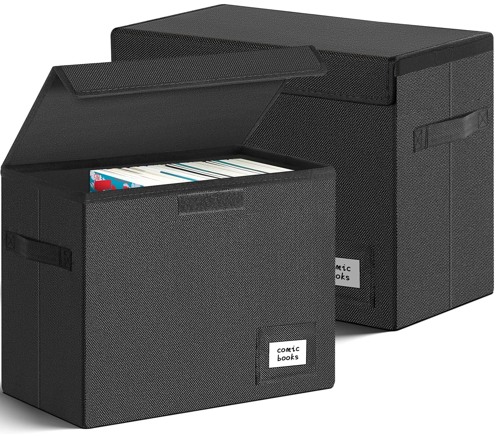 Leffis Comic Book Storage Box 15.5" x 7.5" x 11.3" | Holds 150 Comics, Waterproof, Foldable, Impact Resistant — Black / ef of 2 pk