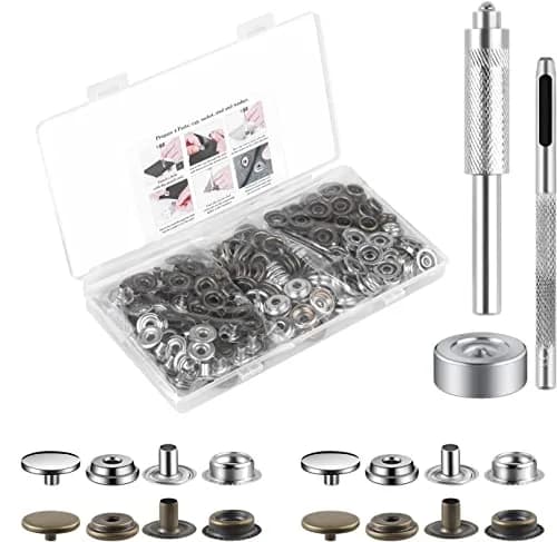 Moocci 200 Pcs (50 Sets) Leather Snap Fastener Kit Tool 15mm (0.59 inch) Silver+Bronze | Heavy Duty Stainless Steel Press Studs for Bags, Jeans, Clothes, Fabric thumbnail 1