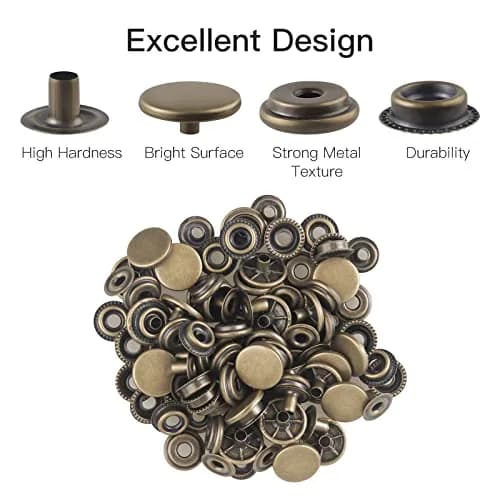 Moocci 200 Pcs (50 Sets) Leather Snap Fastener Kit Tool 15mm (0.59 inch) Silver+Bronze | Heavy Duty Stainless Steel Press Studs for Bags, Jeans, Clothes, Fabric thumbnail 5