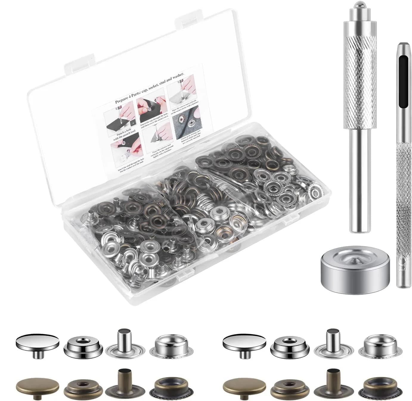 Moocci 200 Pcs (50 Sets) Leather Snap Fastener Kit Tool 15mm (0.59 inch) Silver+Bronze | Heavy Duty Stainless Steel Press Studs for Bags, Jeans, Clothes, Fabric