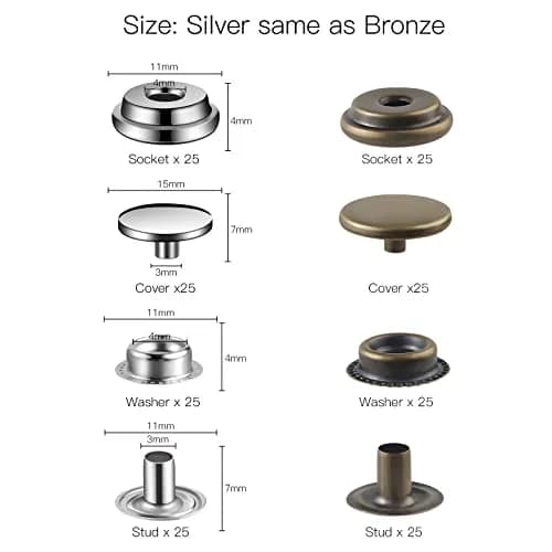 Moocci 200 Pcs (50 Sets) Leather Snap Fastener Kit Tool 15mm (0.59 inch) Silver+Bronze | Heavy Duty Stainless Steel Press Studs for Bags, Jeans, Clothes, Fabric thumbnail 2