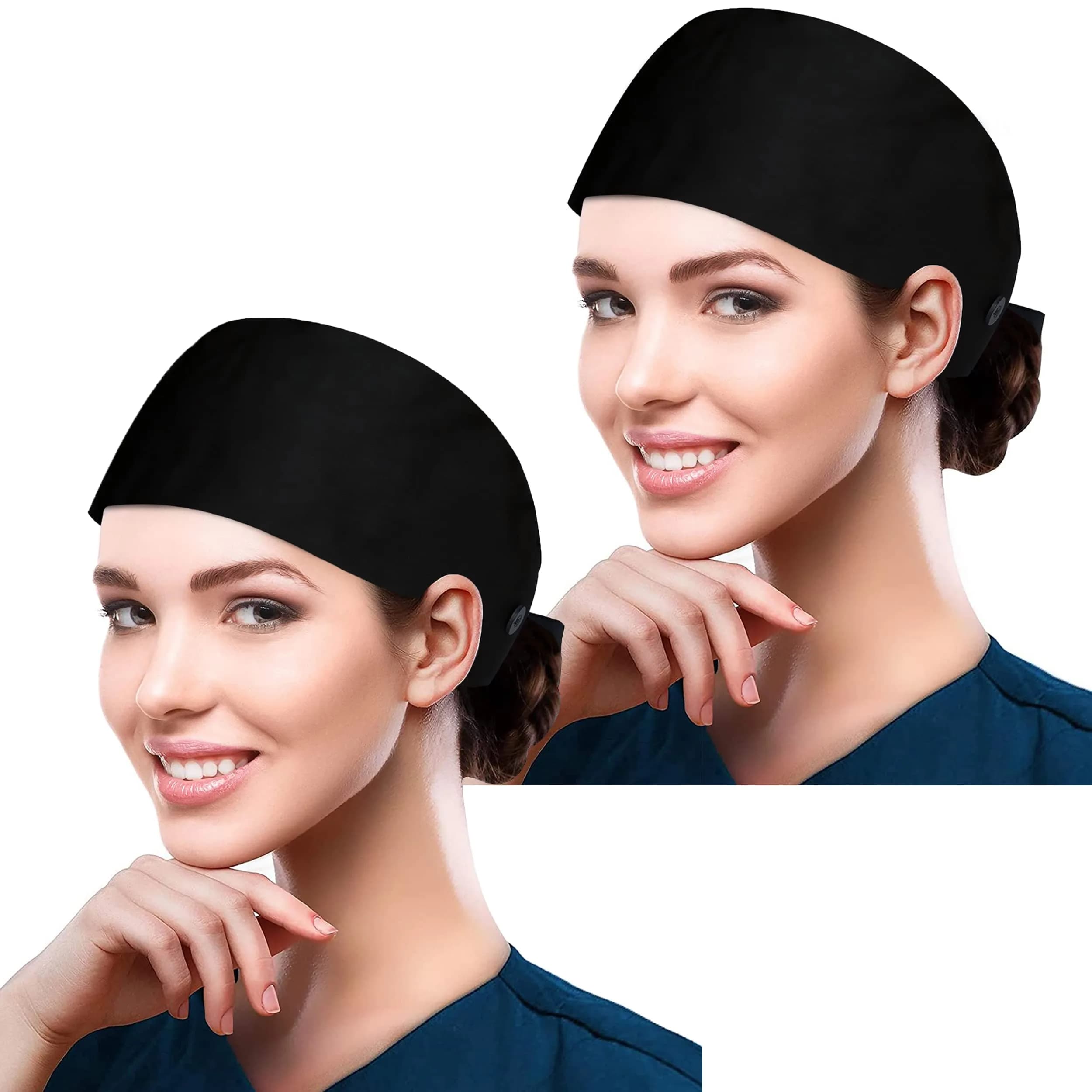 Fesciory Scrub Cap for Women Adjustable Tie Back Hat with Buttons — :black+black