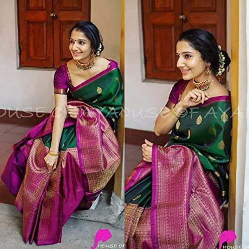 Avantika Fashion Women's Kanjivaram Silk Saree Green | Jacquard & Zari Work, One Size thumbnail 4