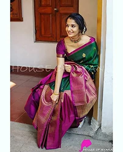 Avantika Fashion Women's Kanjivaram Silk Saree Green | Jacquard & Zari Work, One Size thumbnail 2