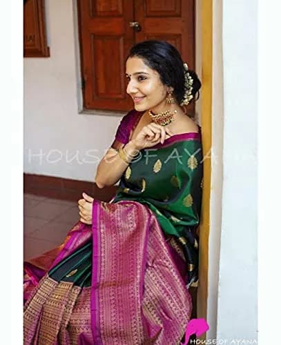 Avantika Fashion Women's Kanjivaram Silk Saree Green | Jacquard & Zari Work, One Size thumbnail 3