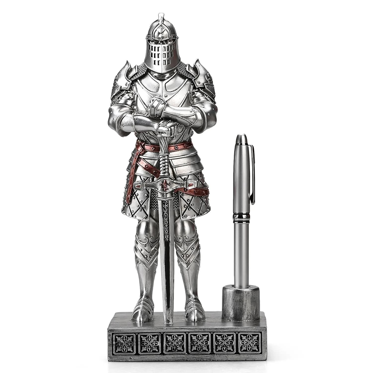 Amoysanli Silver Caddy Resin Pen Stand with Knight Statue | Retro Desk Organizer for Office & School — Silver
