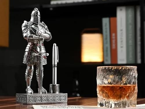 Amoysanli Silver Caddy Resin Pen Stand with Knight Statue | Retro Desk Organizer for Office & School thumbnail 4