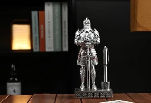 Amoysanli Silver Caddy Resin Pen Stand with Knight Statue | Retro Desk Organizer for Office & School thumbnail 5