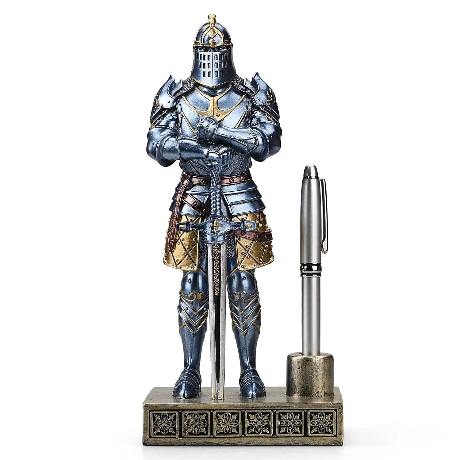 Amoysanli Blue Caddy Resin Pen Stand with Refillable Pen | Retro Knight Desk Organizer (4.2x2.75x9.45 inch) — Blue
