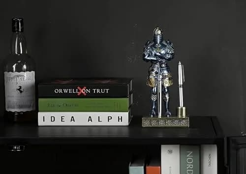 Amoysanli Blue Caddy Resin Pen Stand with Refillable Pen | Retro Knight Desk Organizer (4.2x2.75x9.45 inch) thumbnail 4