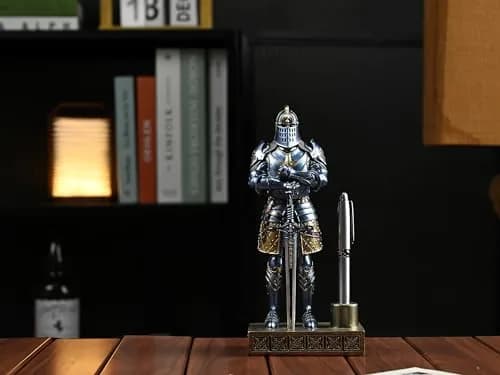 Amoysanli Blue Caddy Resin Pen Stand with Refillable Pen | Retro Knight Desk Organizer (4.2x2.75x9.45 inch) thumbnail 5