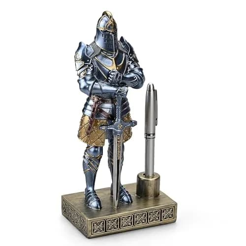 Amoysanli Blue Caddy Resin Pen Stand with Refillable Pen | Retro Knight Desk Organizer (4.2x2.75x9.45 inch) thumbnail 2