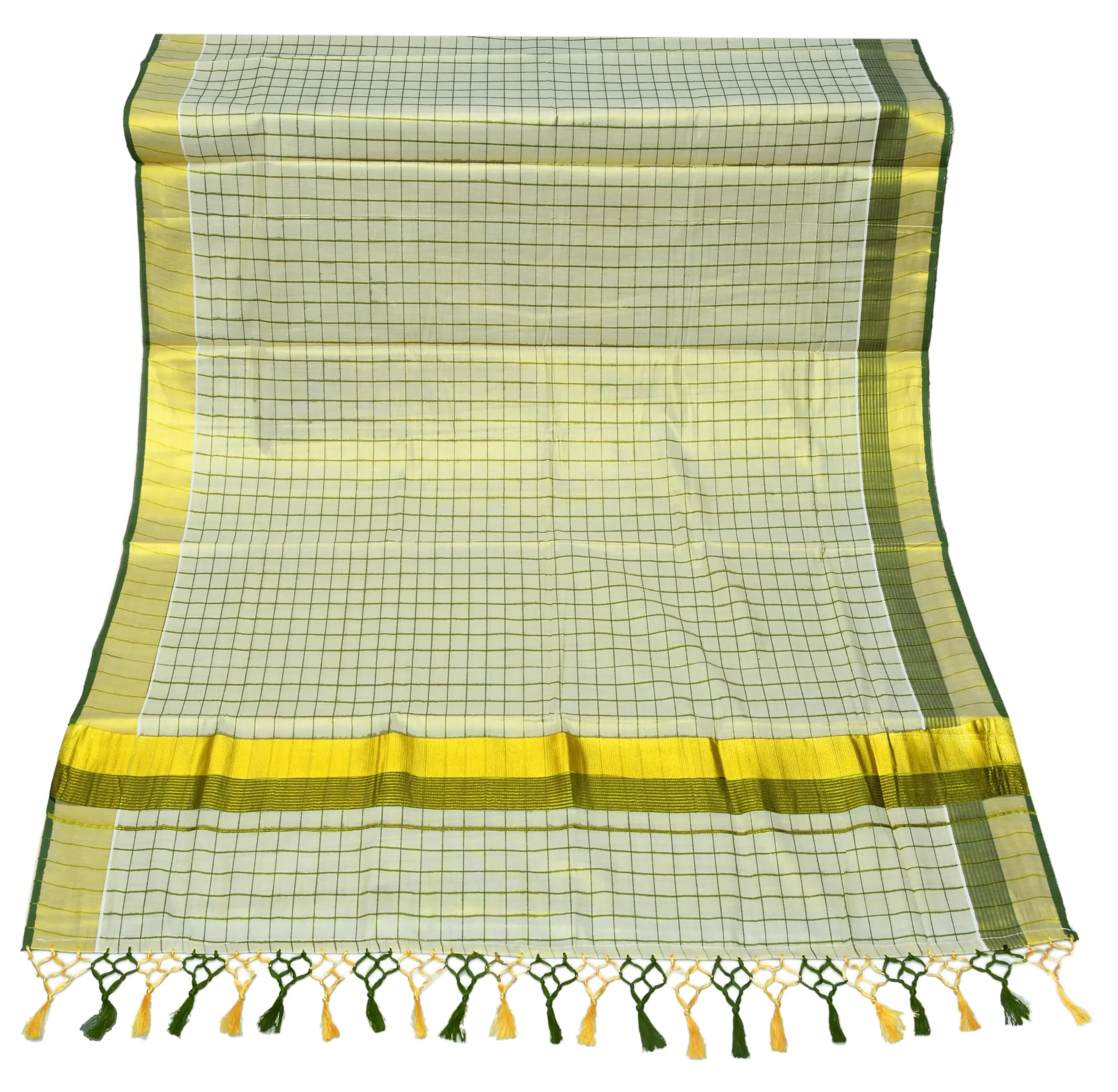 YETTALAN® Womens Kuthampully Flora Tissue Saree with Fancy Border and Tassels (Kunchalam), Green, 6.25 Meters - main product image