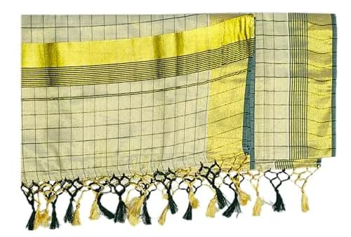 YETTALAN® Womens Kuthampully Flora Tissue Saree with Fancy Border and Tassels (Kunchalam), Green, 6.25 Meters thumbnail 4