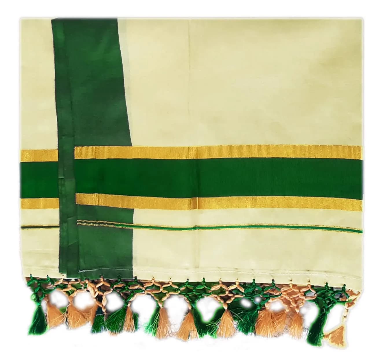 YETTALAN® Womens Kuthampully Flora Tissue Saree with Fancy Border and Tassels (Kunchalam), Green, 6.25 Meters - view 6