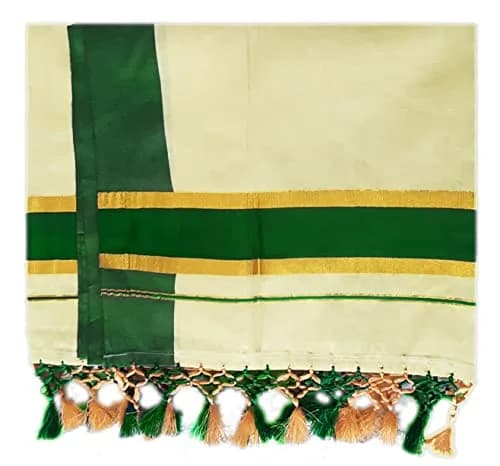 YETTALAN® Womens Kuthampully Flora Tissue Saree with Fancy Border and Tassels (Kunchalam), Green, 6.25 Meters thumbnail 6